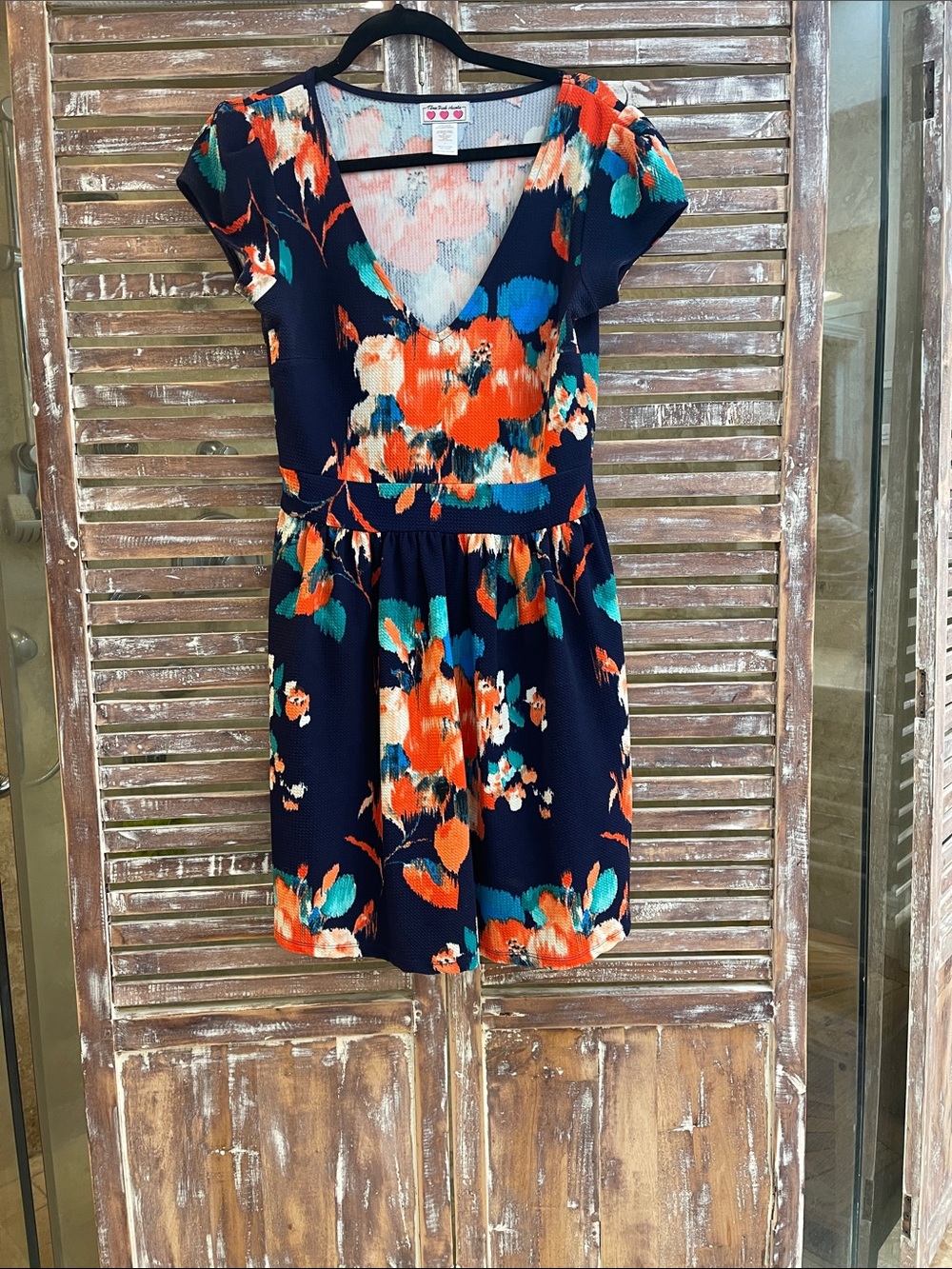 Three Hearts Navy Floral Fit-and-Flare Dress with Orange & Teal Accents